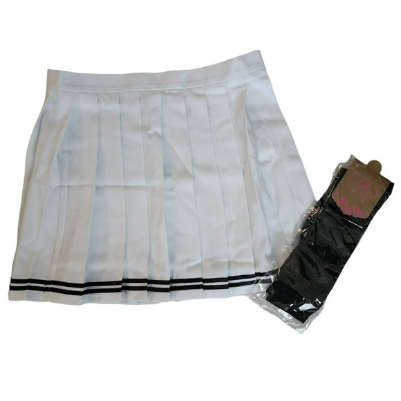 Women's White Pleated A-Line Skirt With Knee High Black Stockings Size XXL NWOT - Picture 1 of 8